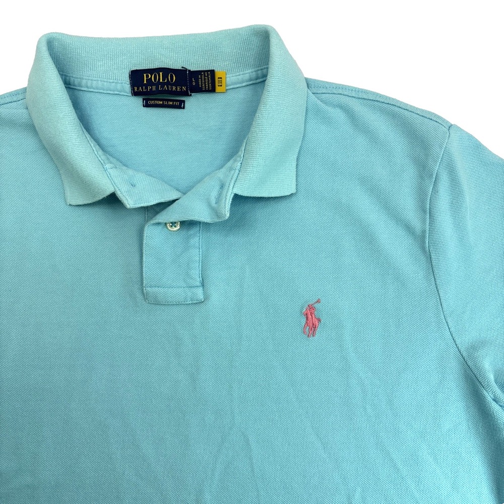 Ralph Lauren Polo Shirt Mens Large Blue Slim Fit Pink Pony Short Sleeve